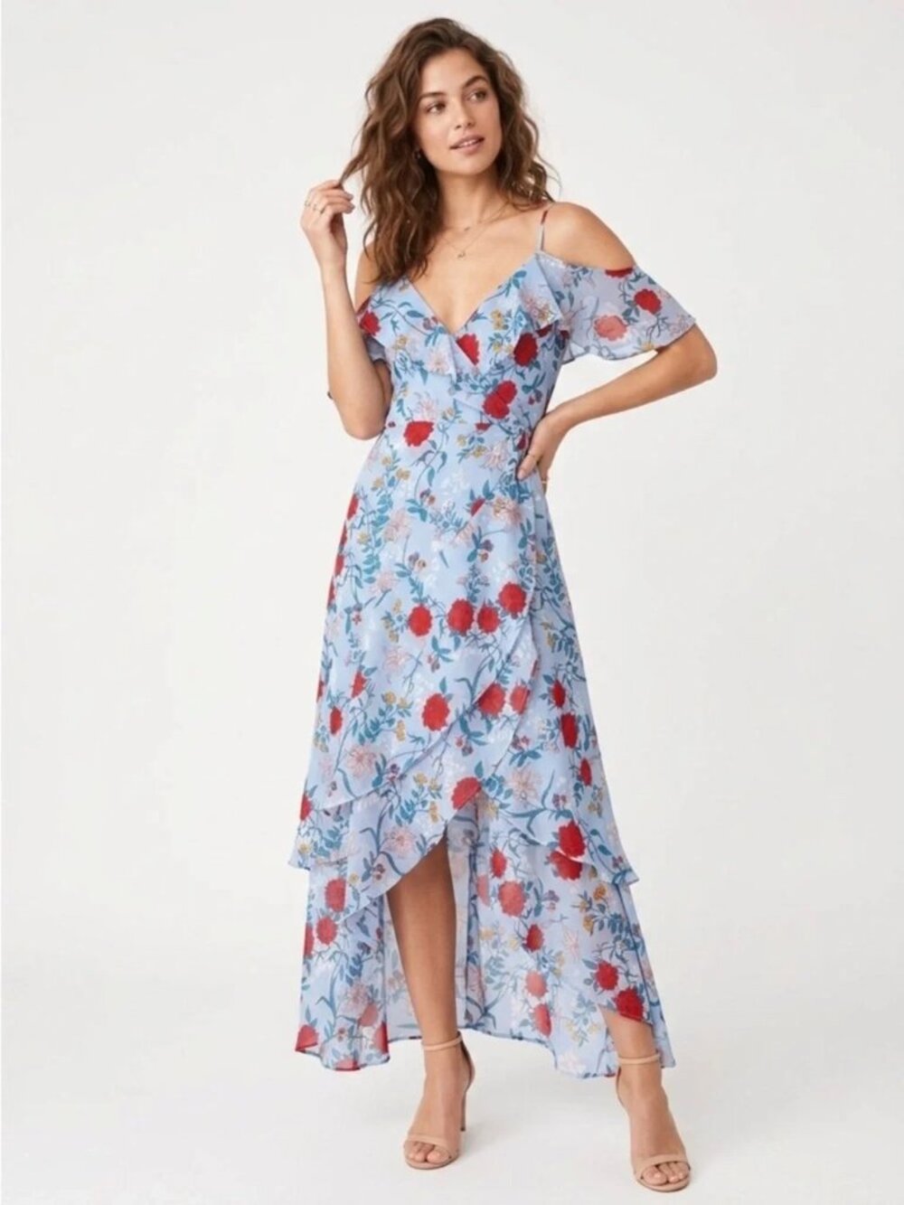 Bardot Cold Shoulder High Low Blue Floral A-Line Dress Size L